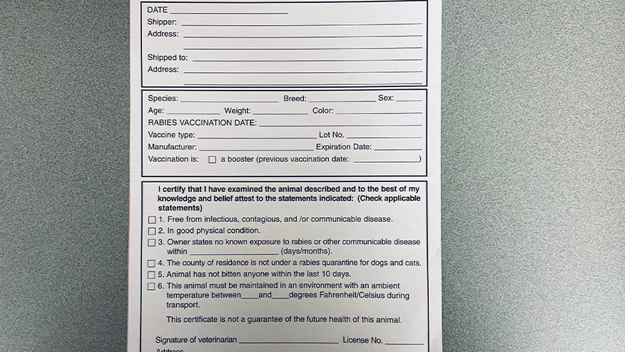 Veterinary health certificate