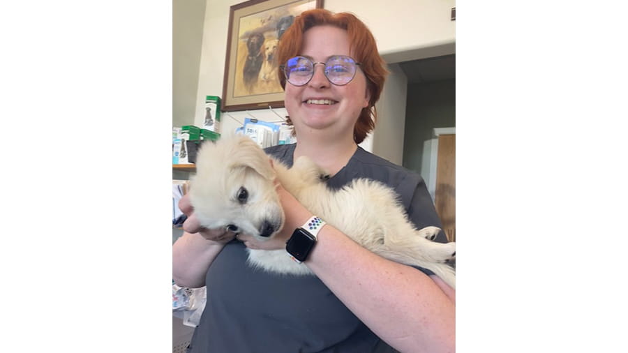 Woman holding a puppy