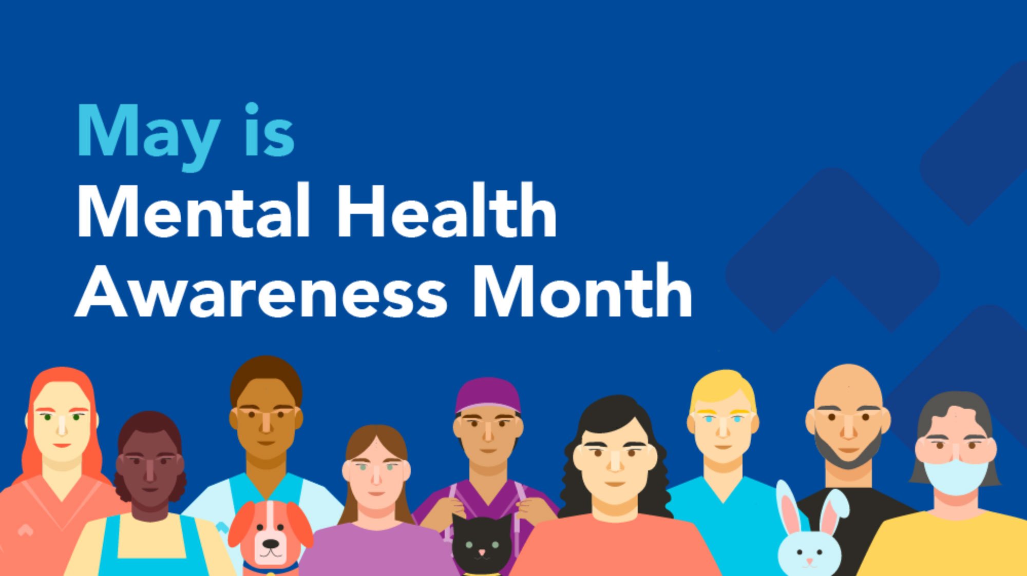 graphic image of VCA Associates, pet owners, and pets for mental health awareness month